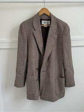 100% Wool Checked & Houndstooth Brown Plaid Blazer